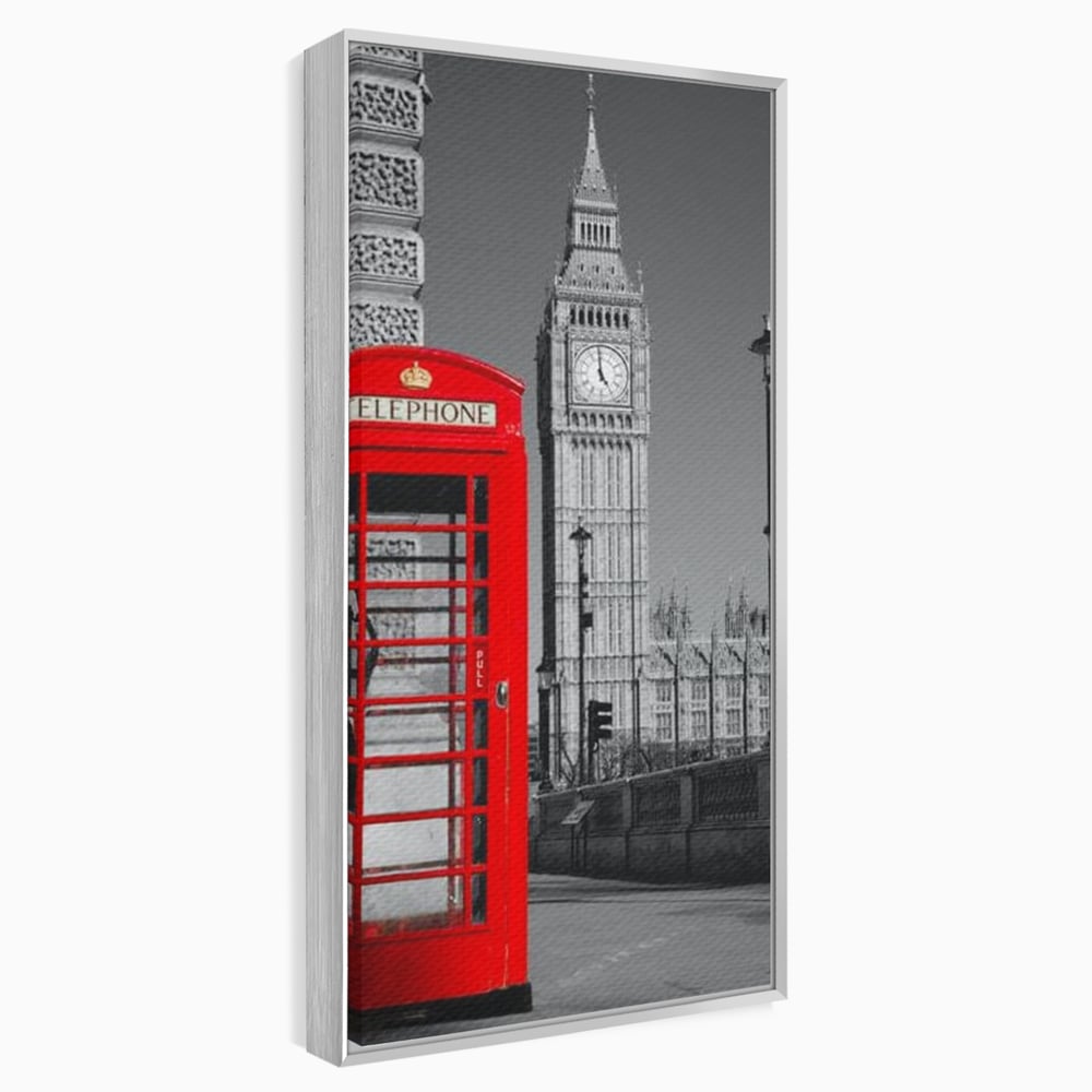 Tablou canvas cu tablou canvas cu cabina rosie si big ben, in rama de aluminiu argintiu